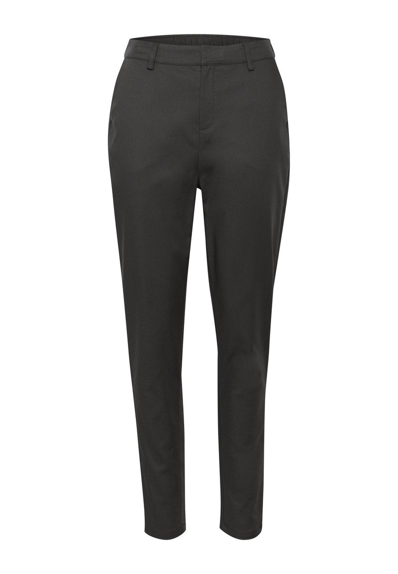 Schwarze maßgeschneiderte Hose mit glatter, mattierter Textur, gerade geschnitten und mit einer mittelhohen Taille. Keine sichtbaren Taschen oder Verzierungen.