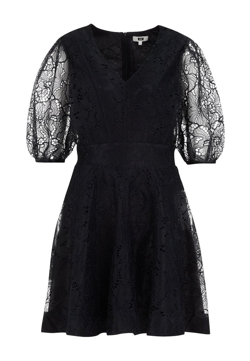 Schwarzes Spitzenkleid mit V-Ausschnitt, puffierten transparenten Ärmeln, tailliertem Oberteil und einem ausgestellten Rock mit Spitzenüberzug, versehen mit einem verdeckten Reißverschluss auf der Rückseite.
