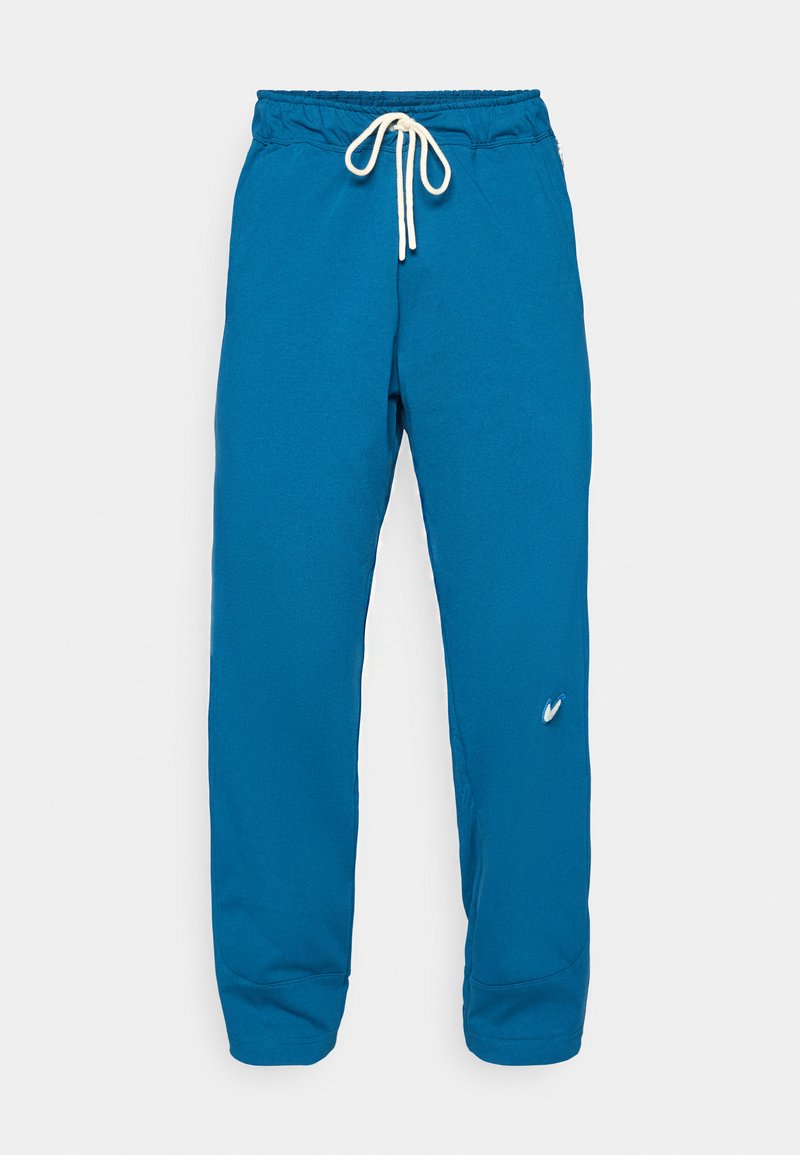 Blaue Sweatpants mit einem Gummizugbund, gerippten Bündchen, weichem Textil und einem kleinen Logo auf der linken Seite. Vielseitiges und bequemes Design.
