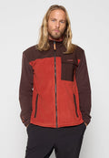 Fleecejacke in Rot und Braun mit langen Ärmeln, durchgehendem Reißverschluss und Brusttasche. Verfügt über kontrastierende Materialien und dezentes Branding.