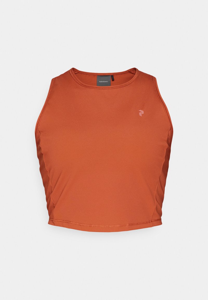 Rostfarbener sportlicher Crop-Top aus glattem, dehnbarem Material mit Rundhalsausschnitt und kleinem Logo auf der Brust.