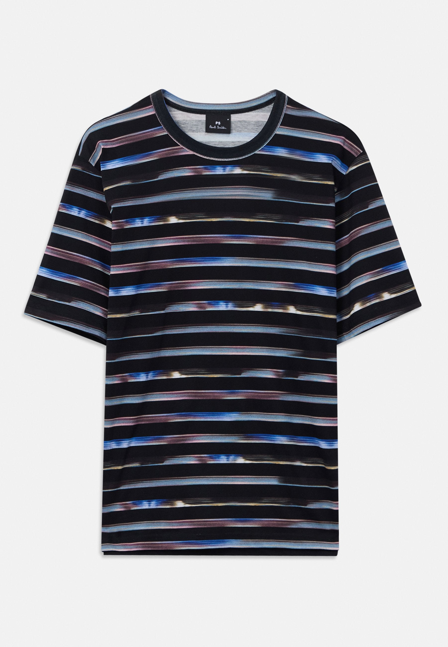 Schwarzes kurzärmliges T-Shirt mit horizontalen Streifen in Blau, Lila und Beige, ausgestattet mit einem Rundhalsausschnitt und einem kleinen Markenetikett im Kragen.