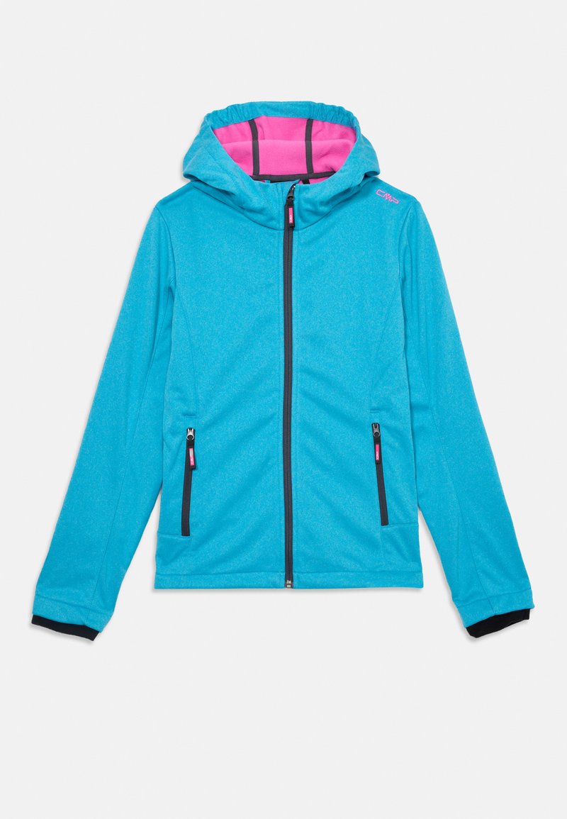 Hellblaue Kapuzenjacke mit pinkem Innenfutter, schwarzem Reißverschluss und schwarzen Ärmelsäumen. Verfügt über zwei seitliche Taschen mit Reißverschlüssen.