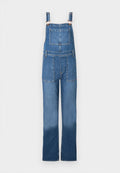 Jeans-Latzhose mit verstellbaren Trägern, Taschen vorne und hinten sowie einem lockeren, geraden Bein. Farbe: Mittelblau mit einem ausgebleichten Effekt.