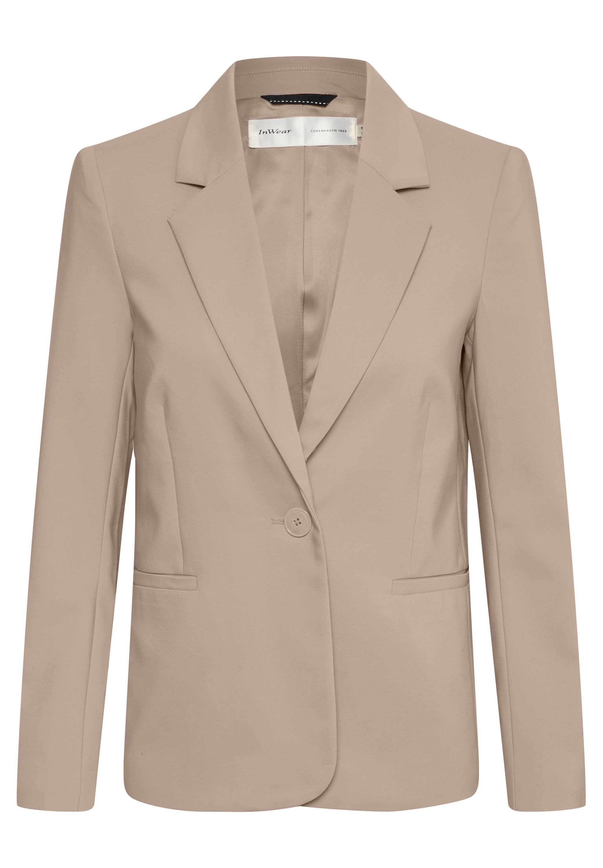 Hellbeige taillierter Blazer mit Ein-Knopf-Verschluss, Reverskragen, langen Ärmeln und frontalen Leistentaschen.