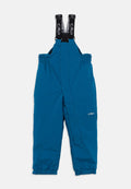 Blaue isolierte Schneehose mit verstellbaren schwarzen Trägern, elastischem Bund, gesäumten Knöcheln und einem Logodetail. Hergestellt aus wetterfestem Material.