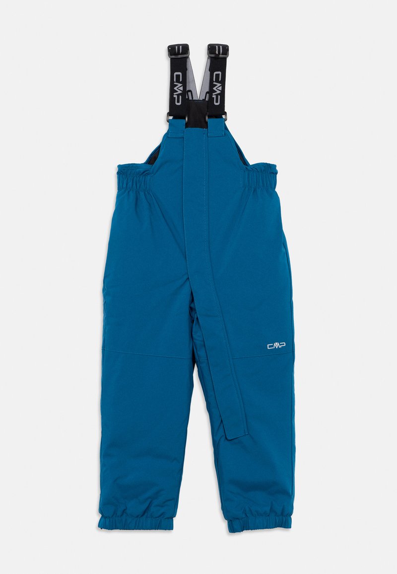 Blaue isolierte Schneehose mit verstellbaren schwarzen Trägern, elastischem Bund, gesäumten Knöcheln und einem Logodetail. Hergestellt aus wetterfestem Material.