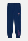 Marineblaue Sweatpants aus weichem Stoff, mit einem elastischen Bund, seitlichen Taschen und pinken Flammendesigns in der Nähe der Bündchen.