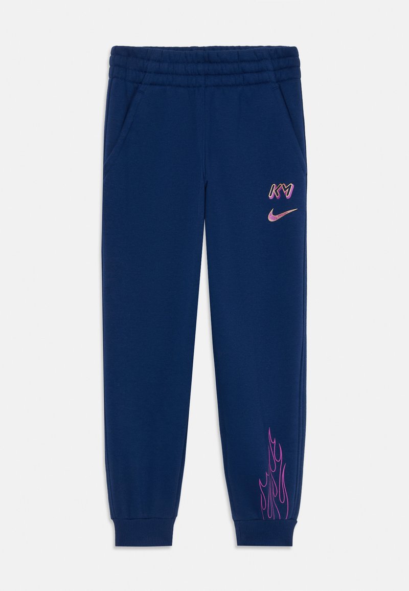 Marineblaue Sweatpants aus weichem Stoff, mit einem elastischen Bund, seitlichen Taschen und pinken Flammendesigns in der Nähe der Bündchen.