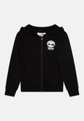 Schwarzer Kapuzenpullover mit Reißverschluss aus weichem Stoff, mit großem weißem Timberland-Logo und zwei Vordertaschen. Kapuzen-Design mit gerippten Bündchen.