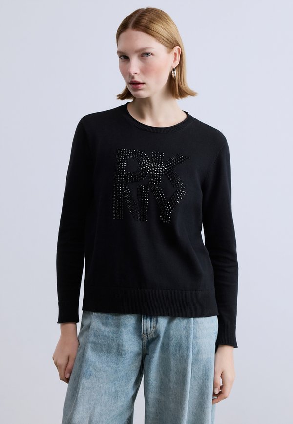 DKNY STACKED RHINESTONE EMBELLISHED LOGO LONG SLEEVE CREW NECK SWEATER