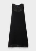 Schwarzes ärmelloses Strickkleid mit rundem Ausschnitt und offenem Strickmuster, knielang mit wellenförmigen Säumen.