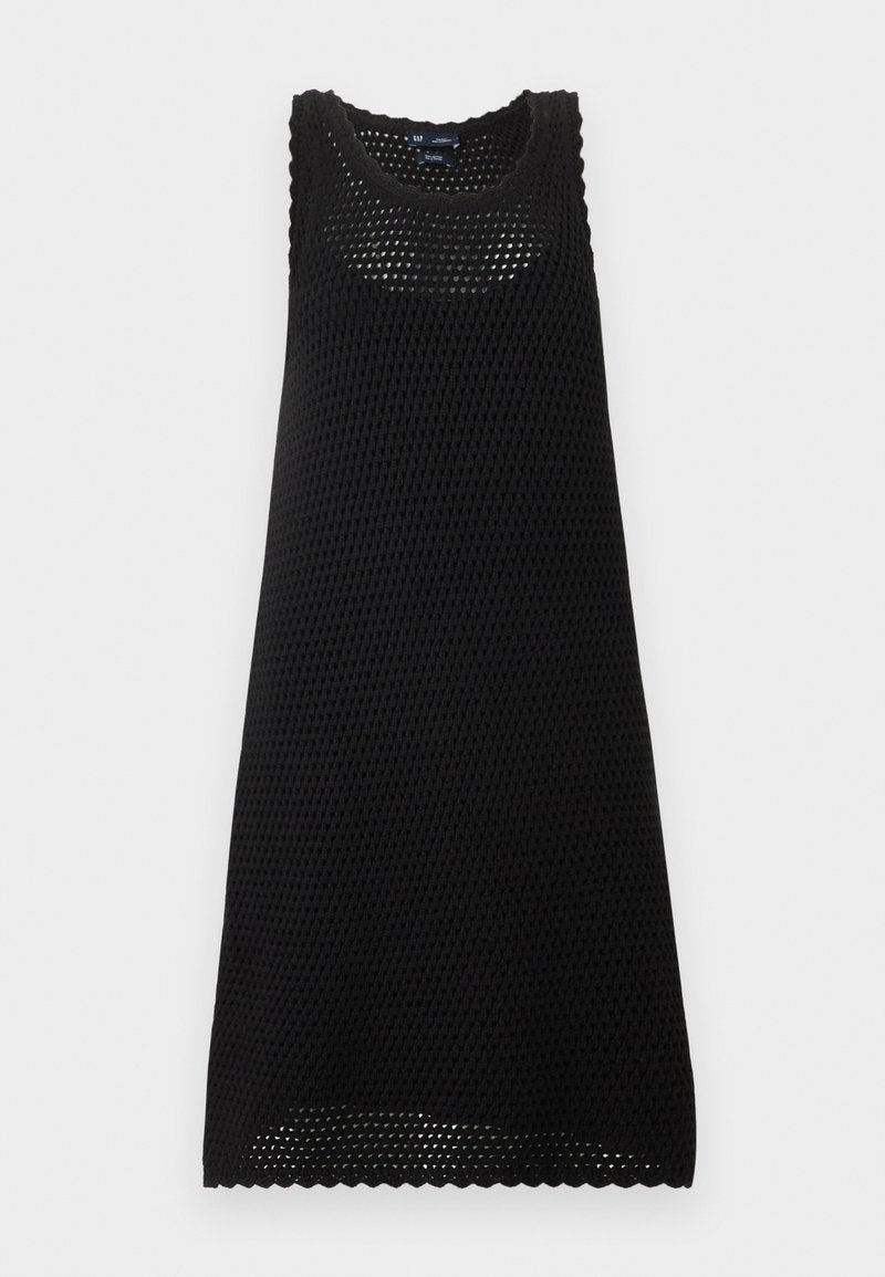 Schwarzes ärmelloses Strickkleid mit rundem Ausschnitt und offenem Strickmuster, knielang mit wellenförmigen Säumen.