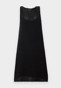 Schwarzes ärmelloses Strickkleid mit rundem Ausschnitt und offenem Strickmuster, knielang mit wellenförmigen Säumen.