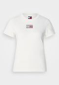 Weißes Baumwoll-T-Shirt mit einem kleinen grafischen Rechteck in Rot, Weiß und Blau. Kurze Ärmel und Rundhalsausschnitt.