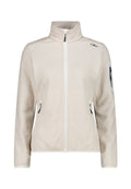 Beige Fleecejacke mit durchgehendem Reißverschluss, Stehkragen, Reißverschlusstaschen an den Seiten, Reißverschlusstasche am Ärmel und schwarzem Logo auf der oberen rechten Brust.