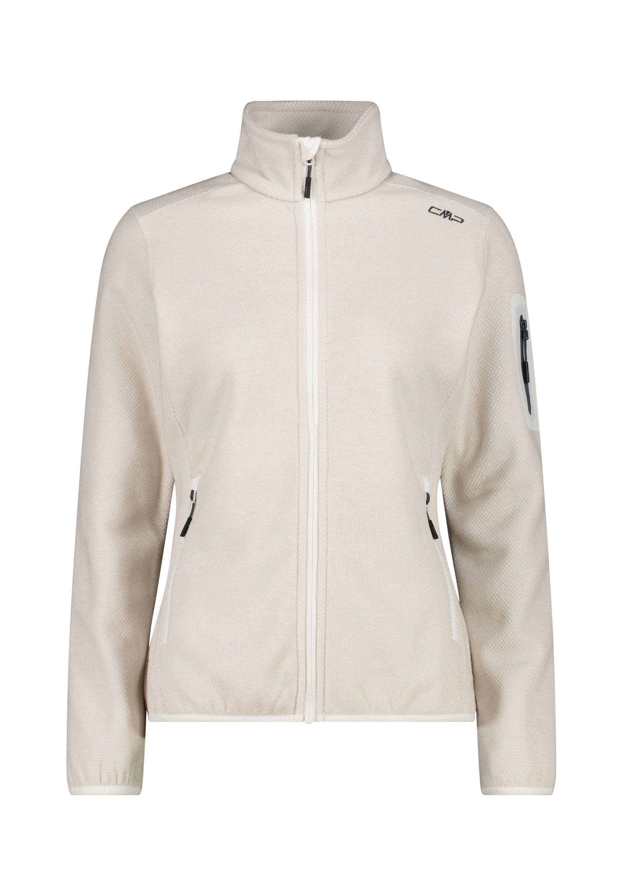 Beige Fleecejacke mit durchgehendem Reißverschluss, Stehkragen, Reißverschlusstaschen an den Seiten, Reißverschlusstasche am Ärmel und schwarzem Logo auf der oberen rechten Brust.