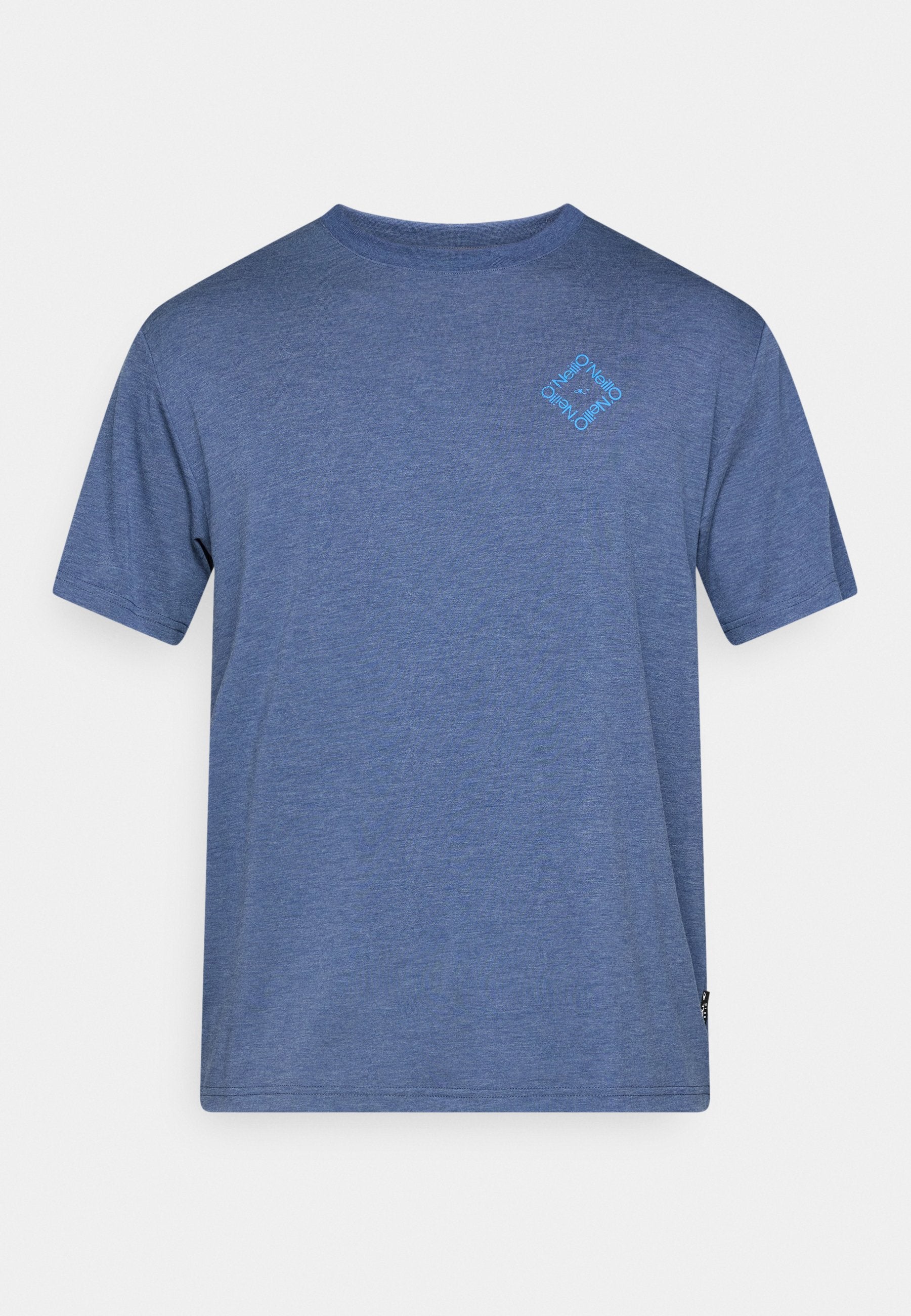 Kurzärmeliges blau meliertes T-Shirt mit kleinem hellblauen, diamantförmigen Logo auf der linken Brust.