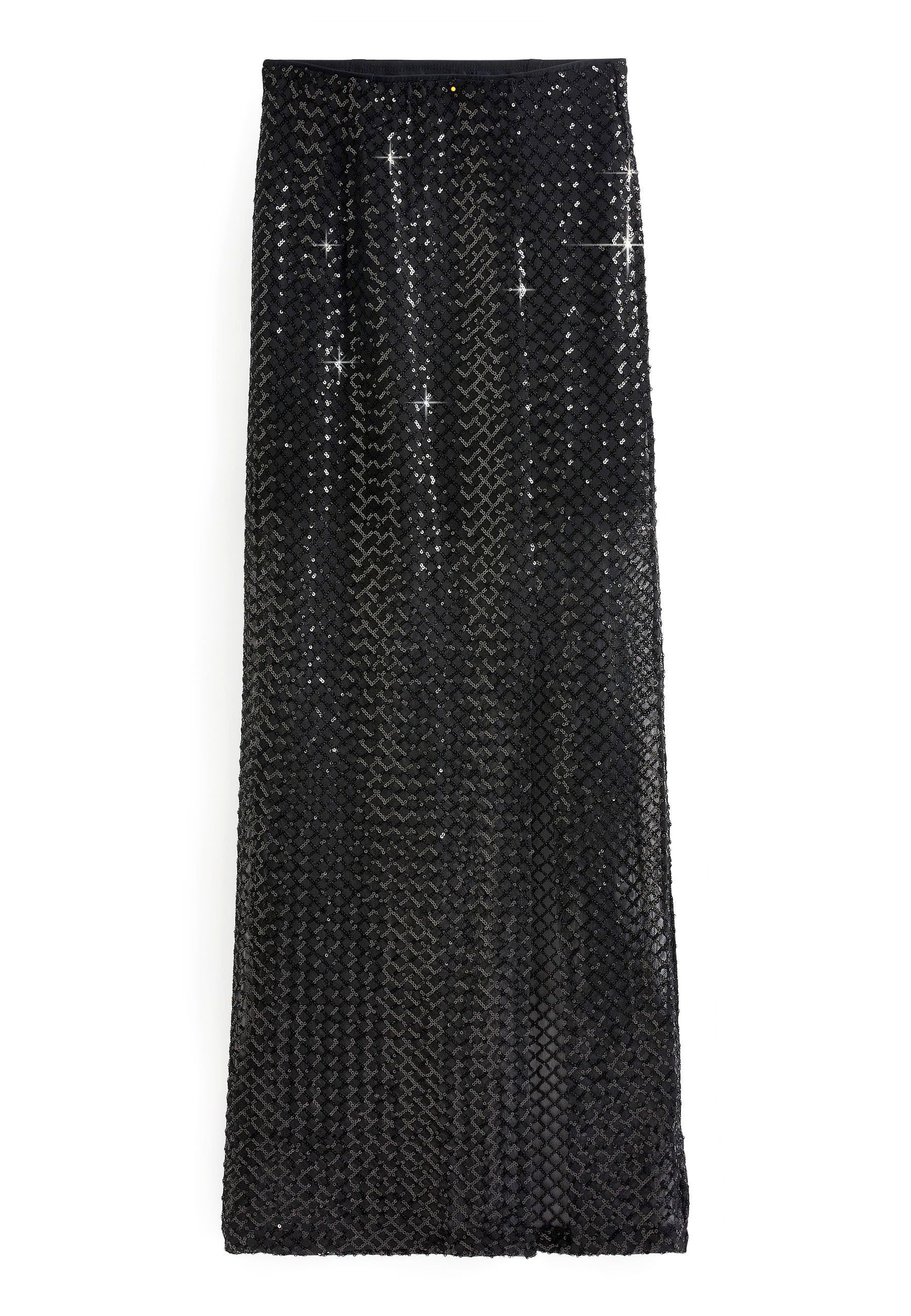 Schwarzer Pailletten-Maxirock mit einem strukturierten Zickzackmuster. Verfügt über einen Bund und ein bodenlanges Design mit reflektierenden Details.