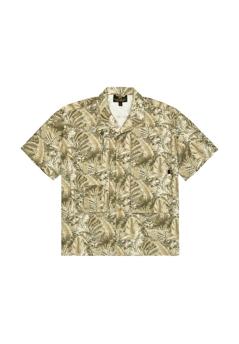 Kurzarmhemd in Beige mit Palmenblattmuster. Mit klassischem Kragen und einer Brusttasche. Hergestellt aus leichtem, atmungsaktivem Stoff.