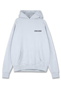 Hellblaues Hoodie aus weichem Stoff. Verfügt über eine frontale Kängurutasche, ribbelte Bündchen und Saum sowie ein schwarzes "PEGADOR"-Logo auf der Brust.