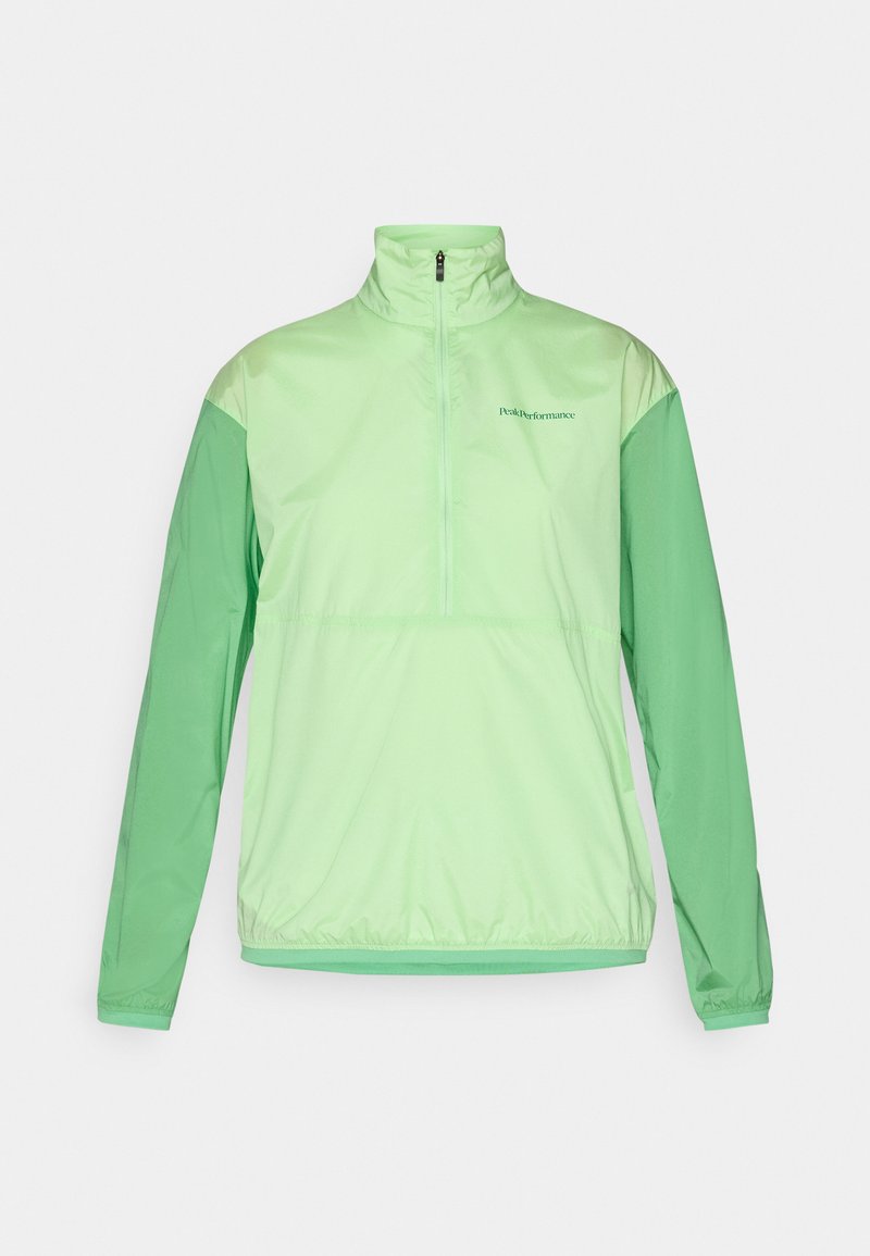 Hellgrüne Halbzip-Jacke mit langen Ärmeln. Hergestellt aus leichtem, glattem Material. Verfügt über kontrastierende, dunklere grüne Ärmel und elastische Bündchen.