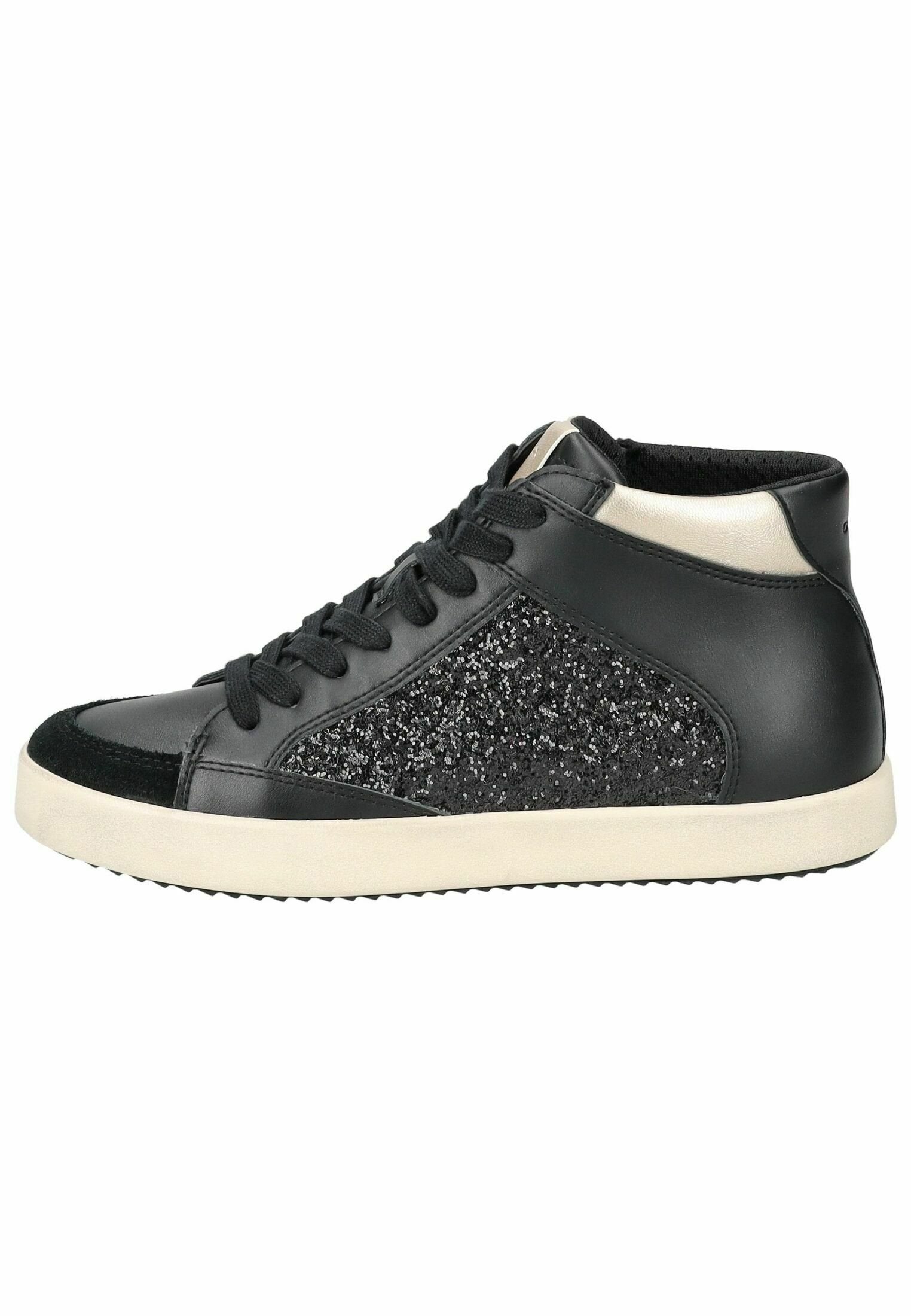 Schwarze High-Top-Sneaker aus Leder mit Glitzerakzenten an den Seiten, cremefarbener Gummisohle und schwarzen Schnürsenkeln. Strukturiertes Zehenkappen.