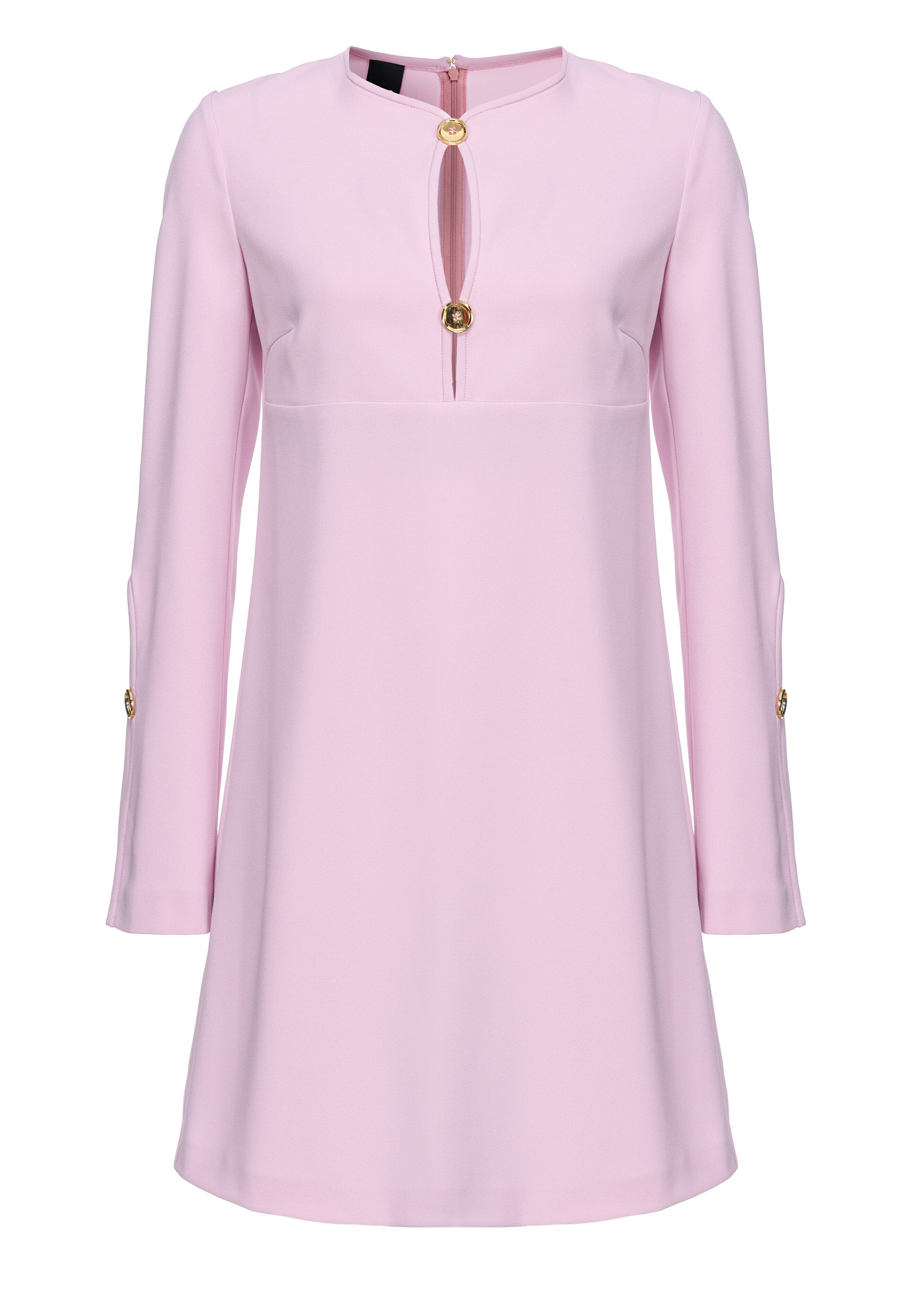 Rosa Kleid mit einem Ausschnitt in Schlüssel-Form und goldenen Knopf-Akzenten. Lange Ärmel mit Knopfdetails an den Manschetten. Glattes, strukturiertes Gewebe.