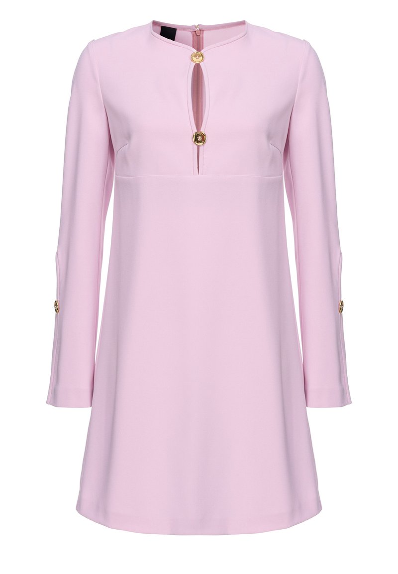 Rosa Kleid mit einem Ausschnitt in Schlüssel-Form und goldenen Knopf-Akzenten. Lange Ärmel mit Knopfdetails an den Manschetten. Glattes, strukturiertes Gewebe.