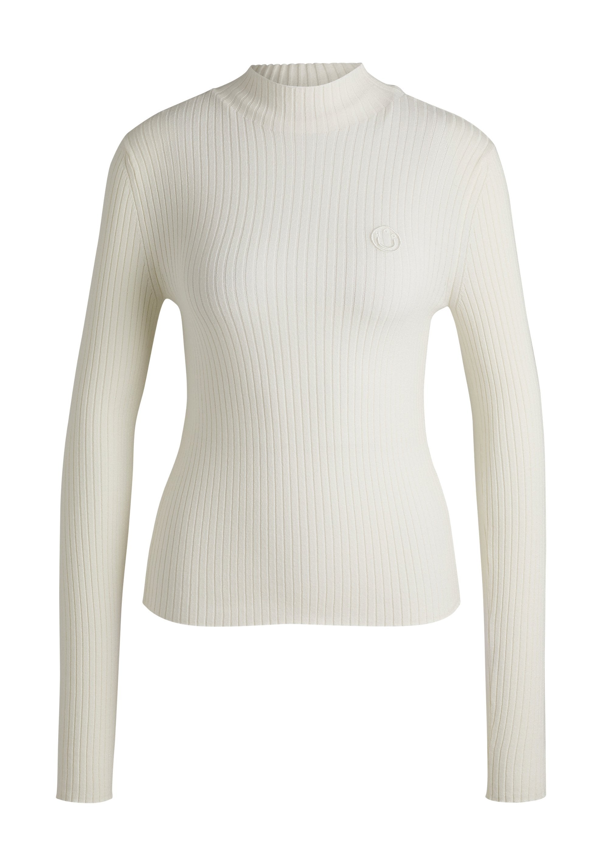 Gestreifter, langärmeliger Oberteil in Off-White. Hoher Kragen. Verfügt über ein kleines, einfarbiges Logo auf der Brust. Hergestellt aus einem strukturierten, dehnbaren Material.