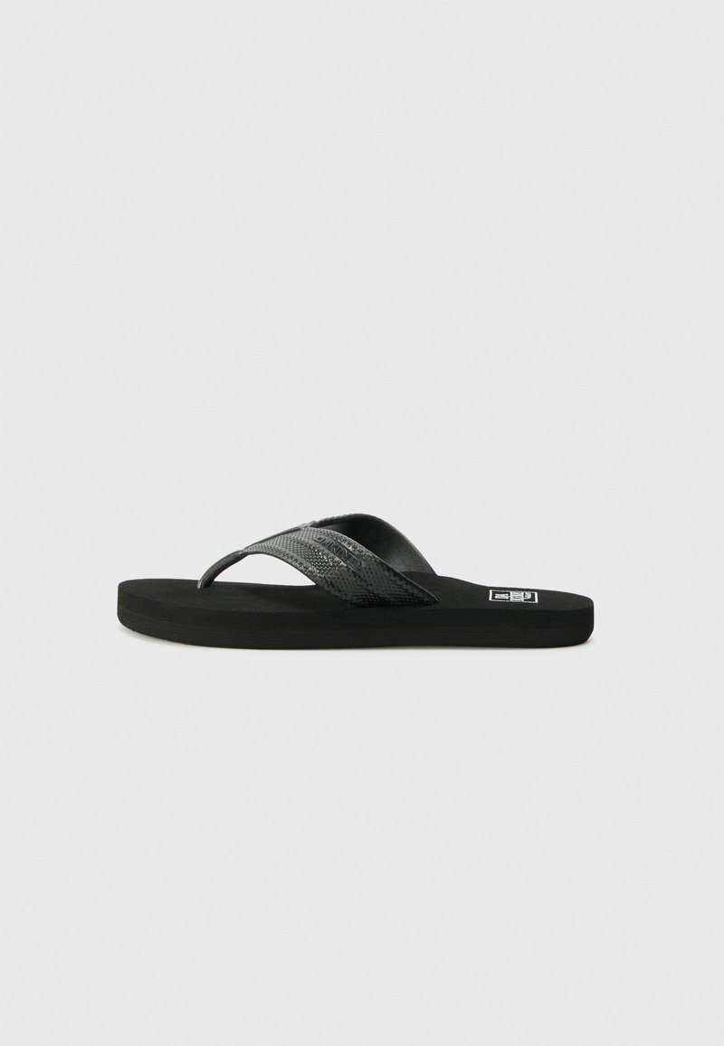 Schwarze Flip-Flop-Sandale mit einem strukturierten Riemen und einer flachen Sohle, auf einem schlichten weißen Hintergrund präsentiert.