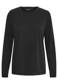 Schwarzes Langarm-T-Shirt aus glattem Stoff. Es hat einen runden Ausschnitt und eine lockere Passform mit einfacher Naht an den Ärmeln und dem Saum.