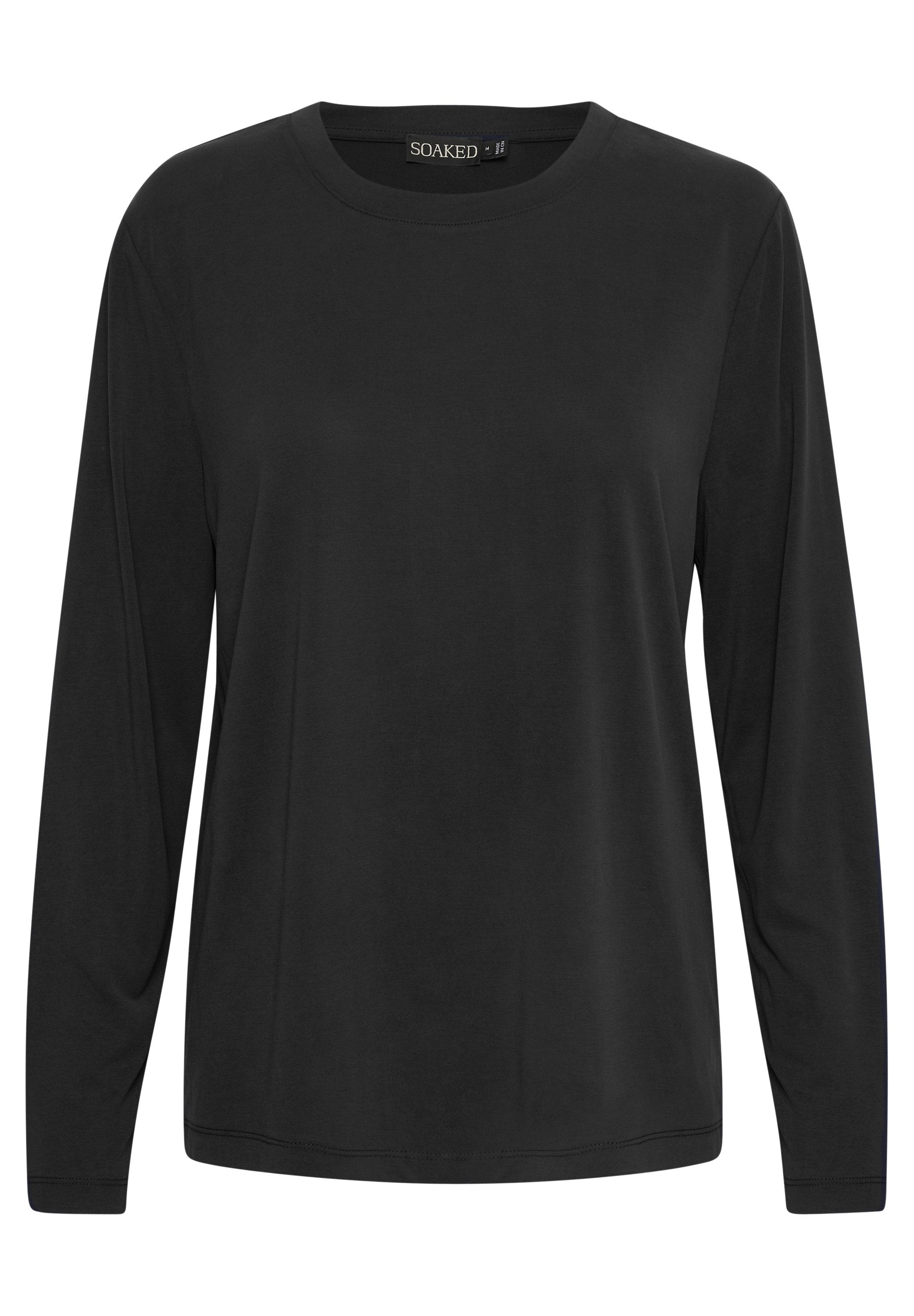 Schwarzes Langarm-T-Shirt aus glattem Stoff. Es hat einen runden Ausschnitt und eine lockere Passform mit einfacher Naht an den Ärmeln und dem Saum.
