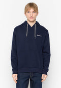 Kapuzenpullover in Marineblau aus weichem Material, mit einer Vordertasche, verstellbaren Kordeln und einem Logo auf der linken Brustseite.