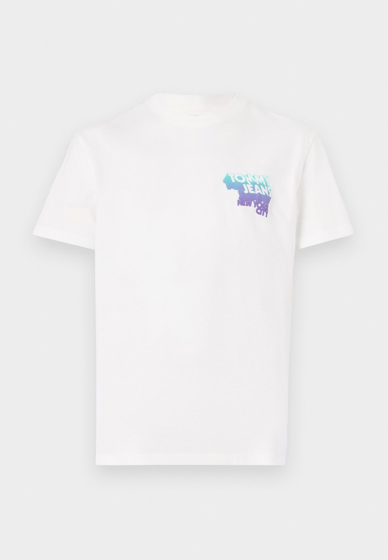 Weißes Baumwoll-T-Shirt mit einem mehrfarbigen Grafiklogo auf der linken Brust, rundem Ausschnitt und kurzen Ärmeln.
