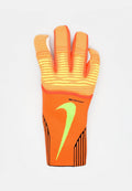 Helles oranges Handschuh mit strukturiertem Strickdesign, gelben und schwarzen Akzenten sowie einem auffälligen grünen Logo auf der Handflächen-Seite.