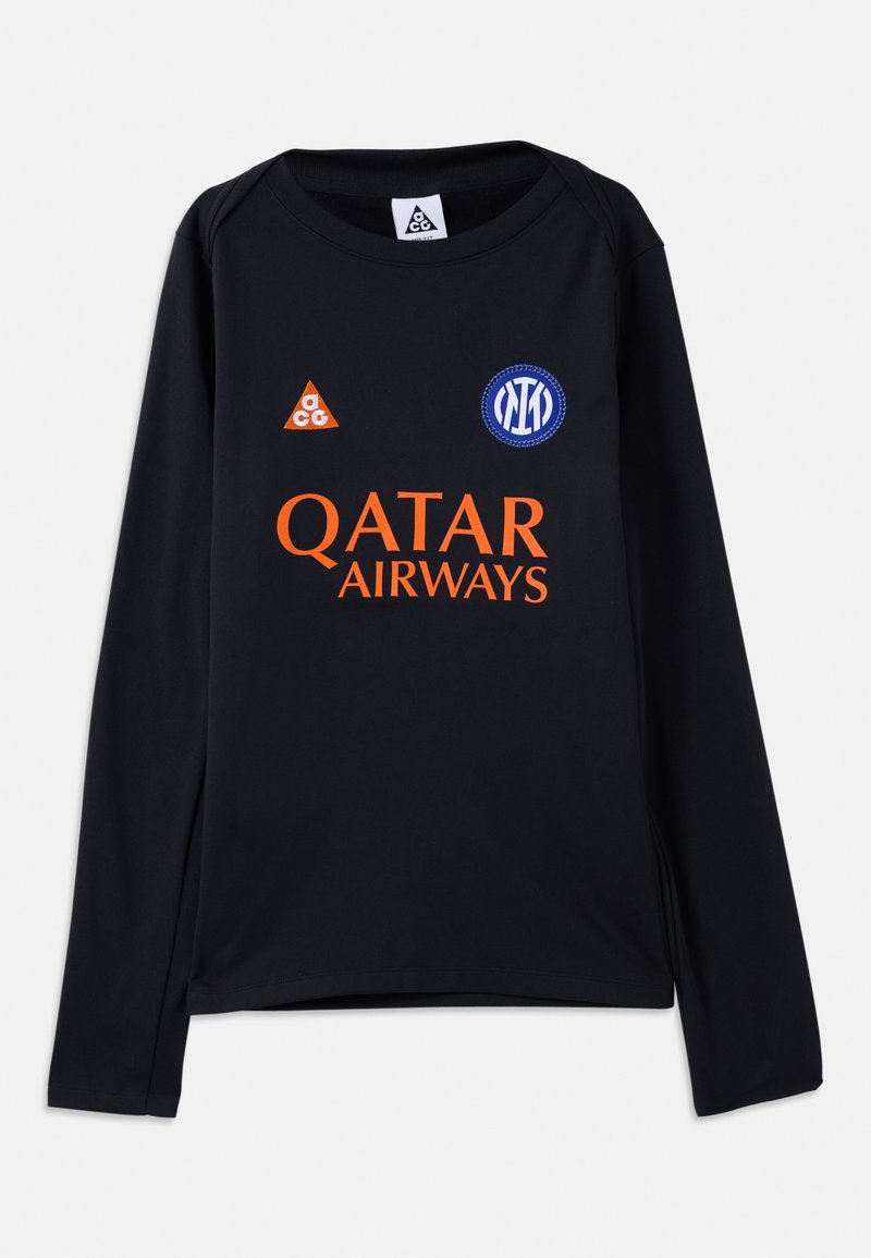Schwarzes langärmeliges Sportshirt mit orangefarbenem Qatar Airways-Logo, orangefarbenem dreieckigem ACG-Logo und blauem, rundem Inter Mailand-Emblem auf der Vorderseite.
