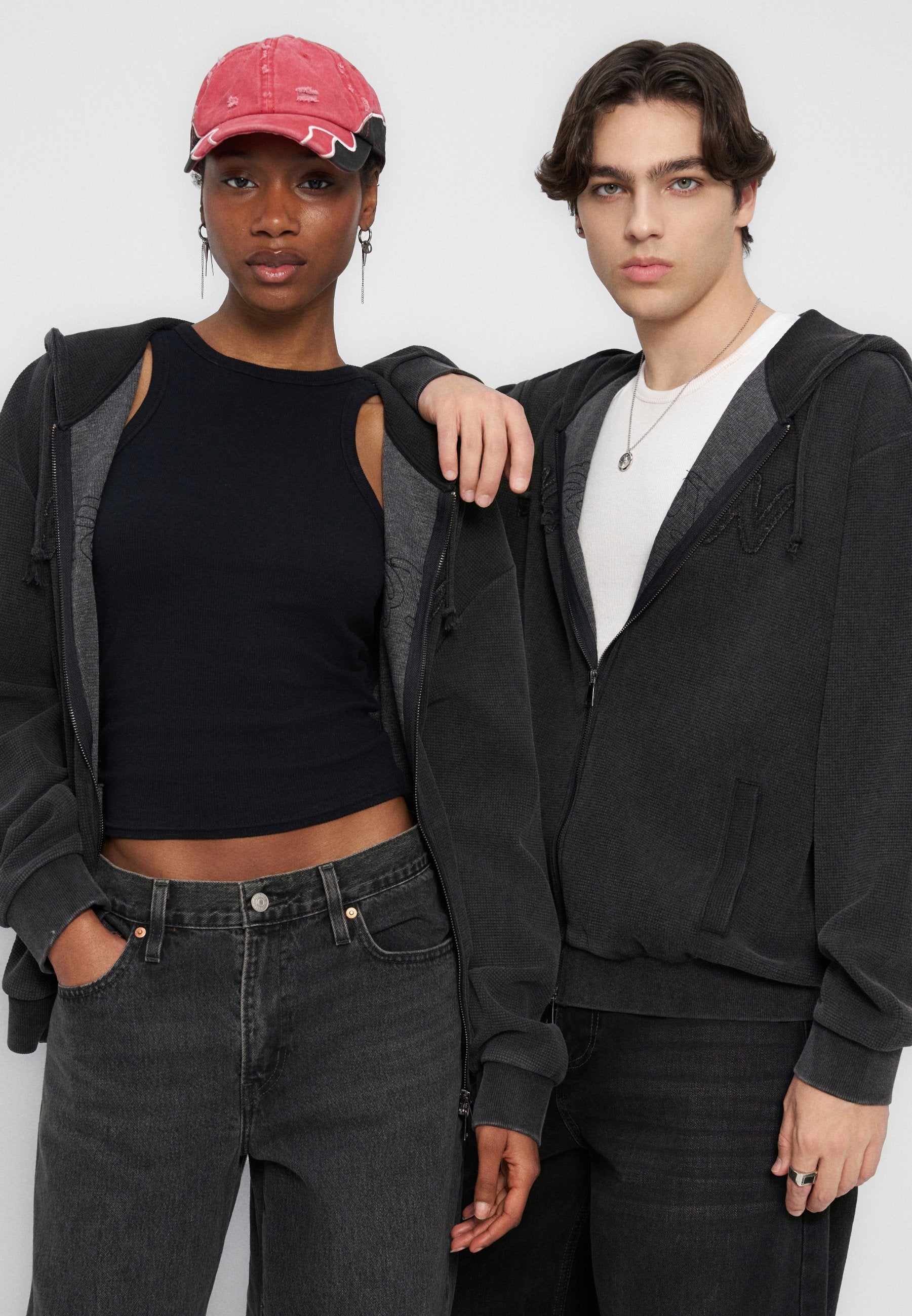 YOURTURN WAFFLE BOXY FIT ZIP-UP HOODIE