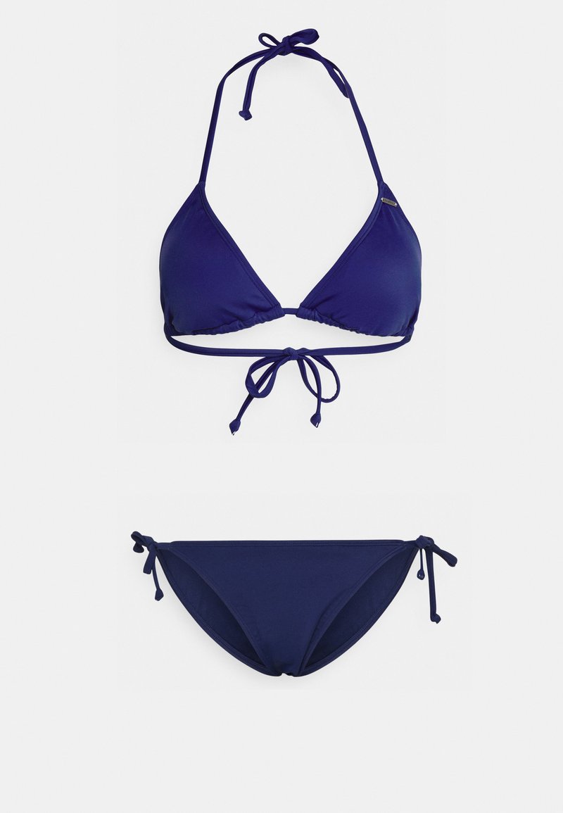 Navyblaues Bikini-Set mit einem Triangel-Oberteil mit Bindebändern und einem passenden Bottom mit verstellbaren Seitenschnüren, aus glattem Material gefertigt.