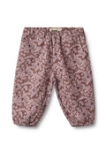 Braune und rosa, blumenmusterte Hosen mit elastischem Bund, gerafften Bündchen und Seitentaschen. Hergestellt aus weichem, leichtem Stoff.