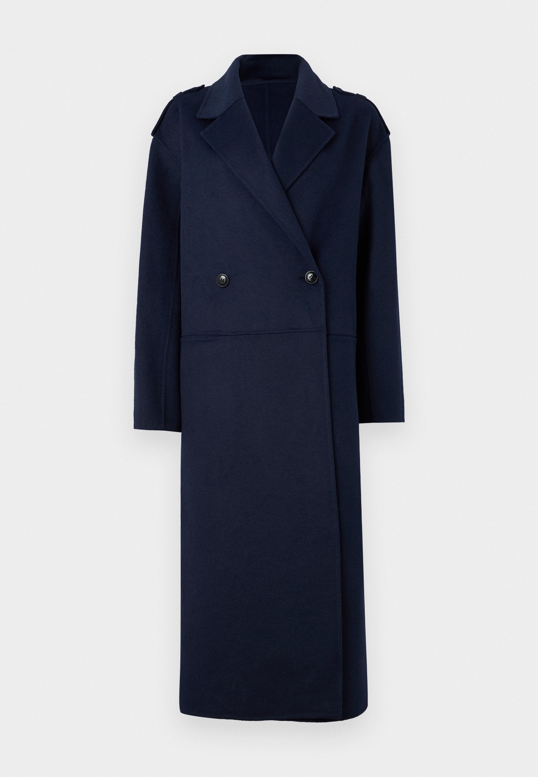 Marineblauer Wollmischungsmantel mit doppelter Knopfleiste, Reverskragen und langen Ärmeln. Ausgestattet mit zwei schwarzen Knöpfen und einem mittellangen Design.