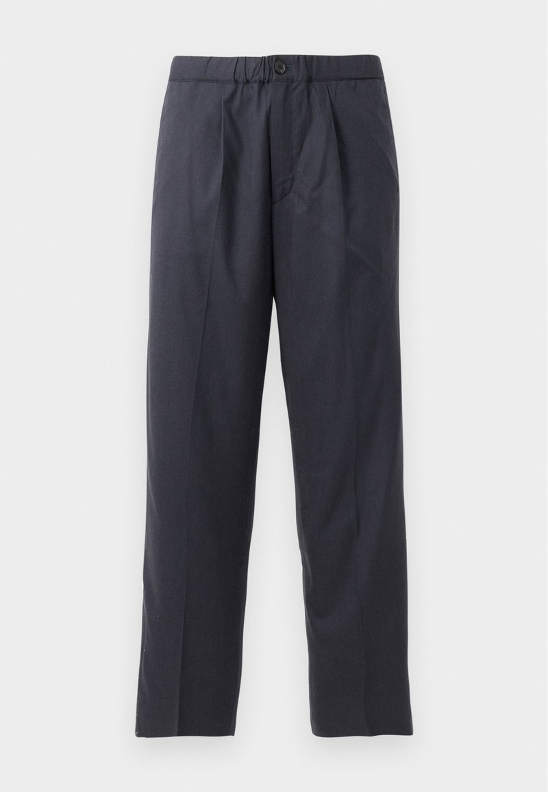 Dunkelblaue Hose aus weichem Stoff mit gef alteter Vorderseite und elastischem Bund. Verfügt über einen Knopfverschluss und gerades Bein.