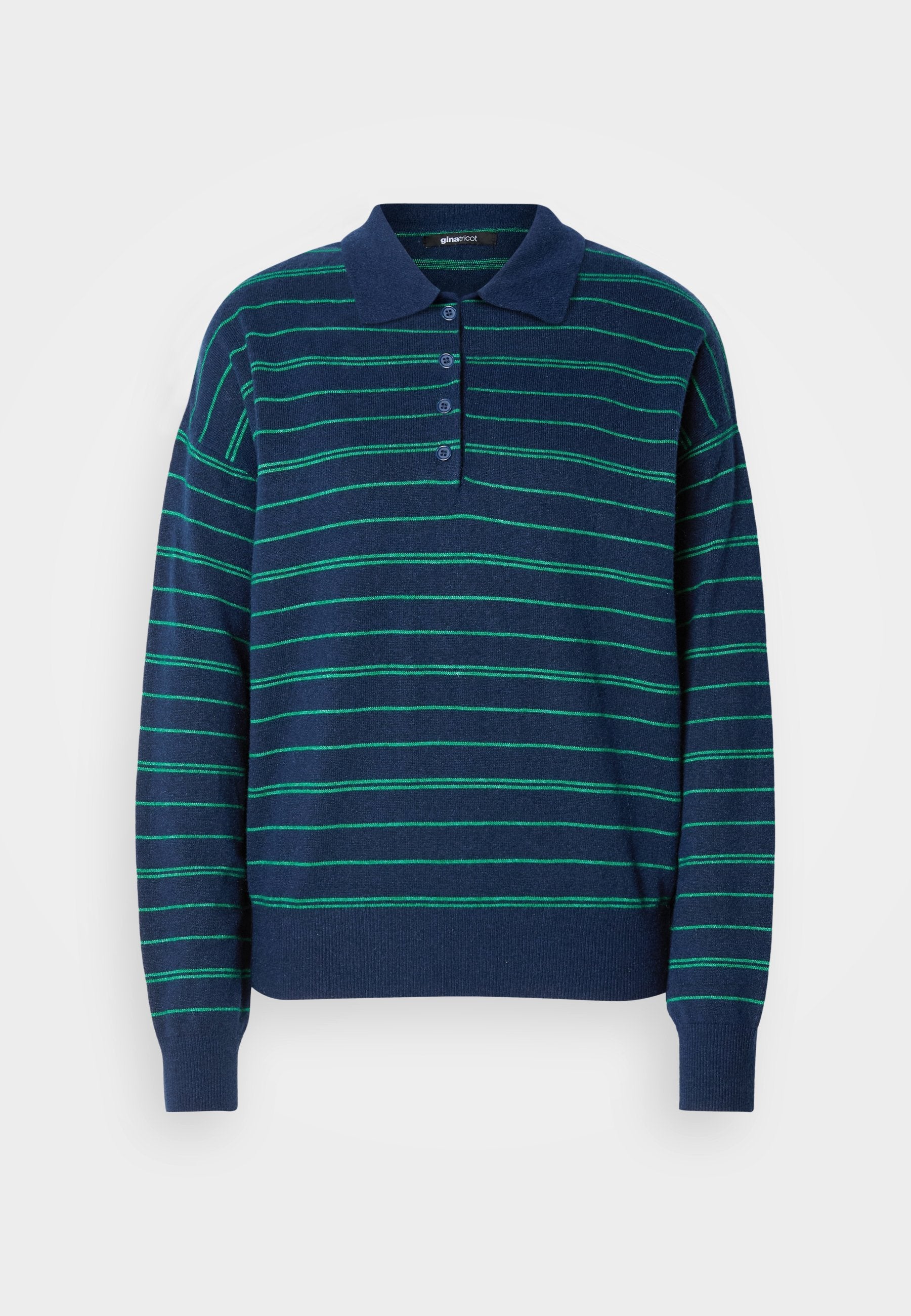 Navy-blaues Polo-Sweatshirt mit horizontalen grünen Streifen, einem klassischen Kragen und einer Knopfleiste. Weiche Textur mit gerippten Bündchen und Saum.