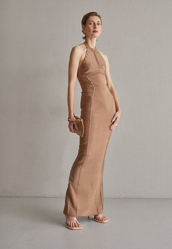 Hervé Léger LAW ROACH RIBBON EMBROIDERED HALTER GOWN