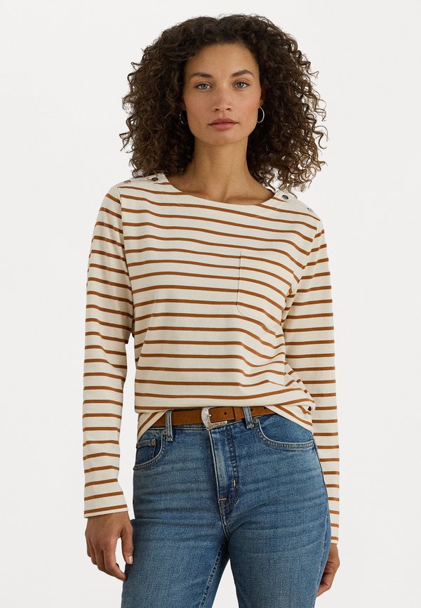 Lauren Ralph Lauren Petite STRIPED JERSEY SNAP-TRIM BOATNECK TOP