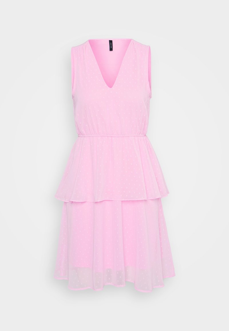 Rosa ärmelloses Kleid mit V-Ausschnitt, mit einem schichten Rock und Punktenmuster, aus leichtem Stoff gefertigt.