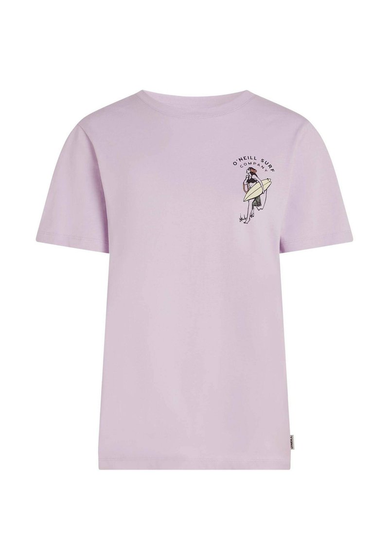 Fliederfarbenes Baumwoll-T-Shirt mit kurzen Ärmeln, auf der linken Brust mit einem grafischen Druck einer Figur, die ein Surfbrett hält, und einem Markenetikett am Saum.