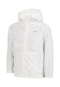 Weiße Nike Zip-Jacke mit Kapuze, aus leichtem Stoff gefertigt. Verfügt über ein dezentes Logo, zwei Fronttaschen und elastische Bündchen.