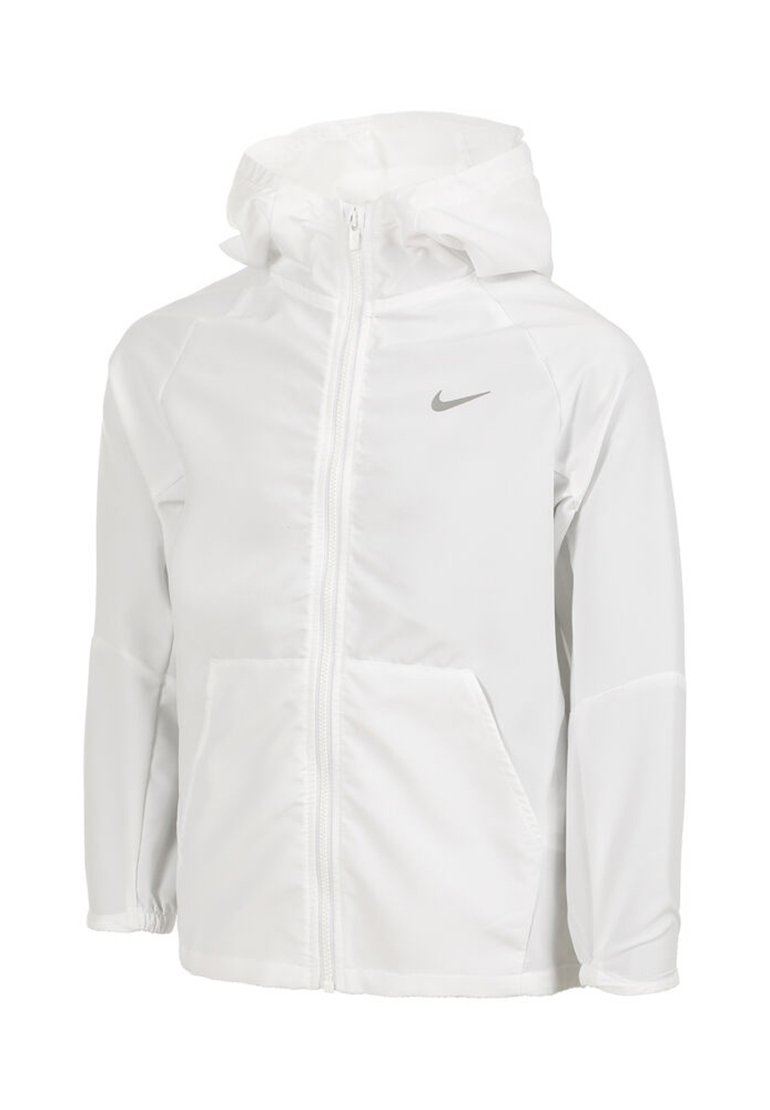 Weiße Nike Zip-Jacke mit Kapuze, aus leichtem Stoff gefertigt. Verfügt über ein dezentes Logo, zwei Fronttaschen und elastische Bündchen.