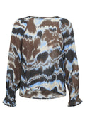 Braune, blaue und cremefarbene Batikbluse mit langen Ärmeln, gerafften Manschetten und rundem Ausschnitt. Leichter, texturierter Stoff.